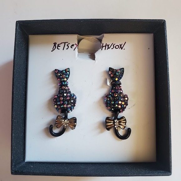 Betsey Johnson Jewelry - Betsey Johnson Black Cat AB Rhinestone Pierced Drop Earrings Halloween Gift Box